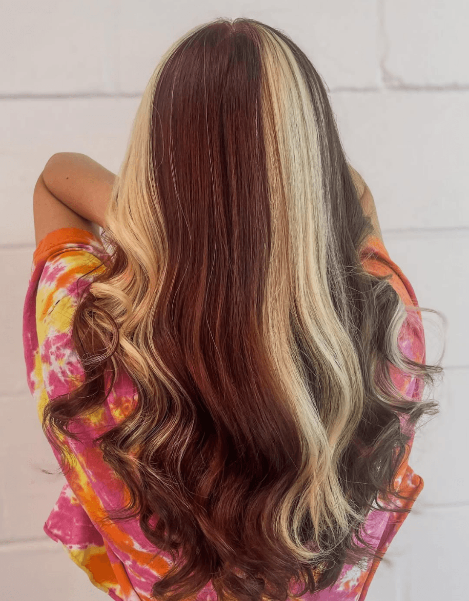 Multi-dimensional calico color with chocolate brown, warm blonde, and auburn chunky highlights